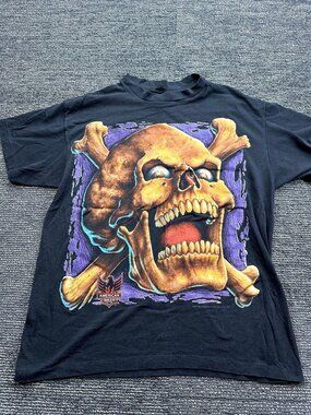 VTG Rare 90s American Biker Skull Crossbones T-Shirt Black Graphic Tee Large